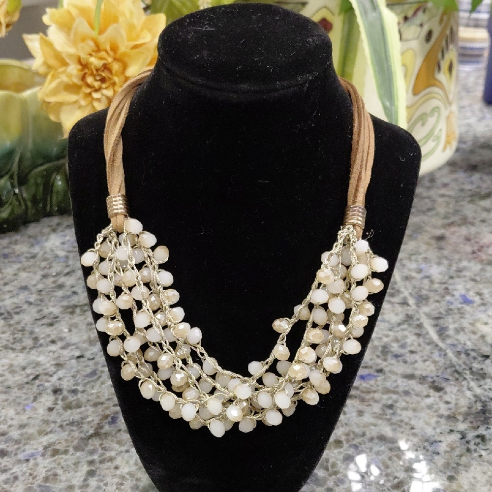 "Vineyard Haven" Like new Leather Chic Multi-Strand Cream Glass Beaded Necklace